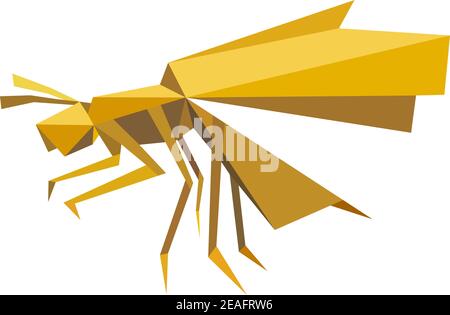 Flying bee insect in origami style composed of geometric elements and shapes with antennae, open wings and six legs in shades of brown isolated on whi Stock Vector