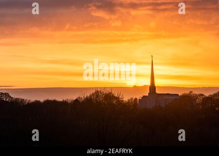Preston England Temple, as seen from Great Knowley, near Chorley at sunset Stock Photo