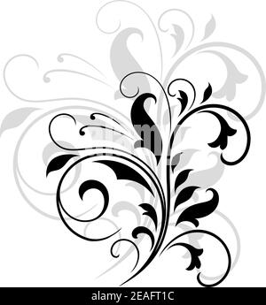 Elegant black and white swirling floral pattern with flourishes and an enlarged grey repeat behind Stock Vector