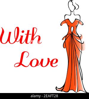 Elegant Valentines or anniversary greeting card for a loved one with a tall woman in a red gown alongside the words - With Love - doodle sketch on whi Stock Vector