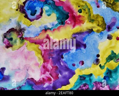 Watercolor wet wash background. Painting backdrop template. Bright neon color abstract drawing brush illustration Stock Photo