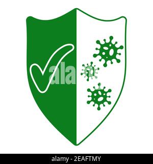 sign of protection from viruses, shield with a green tick and bacterial viruses coronavirus, vector immunity antibody protection against disease Stock Vector