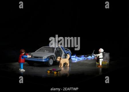 Recreation of scene from the film Back to the Future using a Playmobil toy set of models and DeLorean time machine car Stock Photo