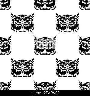 Black and white seamless vector pattern of a cute little wise old owl looking at the camera Stock Vector