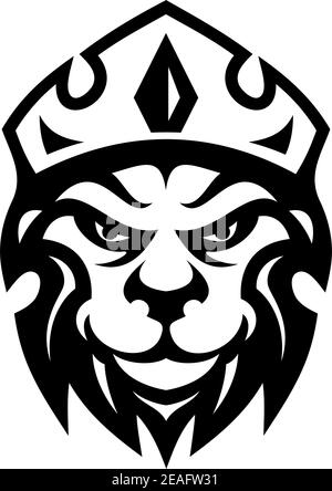 Head of a fierce crowned lion depicting royalty in a black and white design suitable for heraldry Stock Vector
