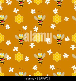 Seamless pattern with bees and honeycombs on brown background. Small wasp. Vector illustration. Adorable cartoon character. Template design for Stock Vector