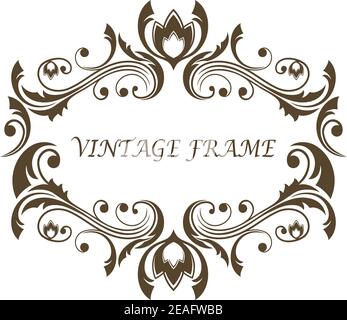 Vintage floral and foliate frame with symmetrical scrolling foliage around a blank central cartouche with copyspace, black and white vector Stock Vector