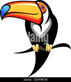 Cartoon illustration for kids of a colourful toucan with a big orange and blue bill perched on a branch, design element on white Stock Vector