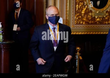 Washington, USA. 09th Feb, 2021. David Schoen, lawyer for former President Donald Trump, arrives for the second impeachment trial of Trump in the Senate, at the Capitol in Washington, Tuesday, Feb. 9, 2021. (Photo by Andrew Harnik/Pool/Sipa USA) Credit: Sipa USA/Alamy Live News Stock Photo