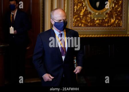 Washington, USA. 09th Feb, 2021. David Schoen, lawyer for former President Donald Trump, arrives for the second impeachment trial of Trump in the Senate, at the Capitol in Washington, Tuesday, Feb. 9, 2021. (Photo by Andrew Harnik/Pool/Sipa USA) Credit: Sipa USA/Alamy Live News Stock Photo
