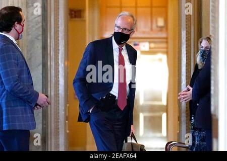 Washington, USA. 09th Feb, 2021. Sen. Jerry Moran, R-Kan., arrives for the second impeachment trial of former President Donald Trump in the Senate, at the Capitol in Washington, Tuesday, Feb. 9, 2021. (Photo by Andrew Harnik/Pool/Sipa USA) Credit: Sipa USA/Alamy Live News Stock Photo