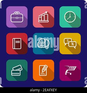 Set of flat rectangular colorful icons with shadows for web design, business presentations, applications, gadgets, cloud computing, media, shopping, o Stock Vector