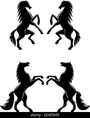 Silhouettes of two pairs of prancing rearing horses with flowing manes and tails in profile, black and white vector illustration Stock Vector