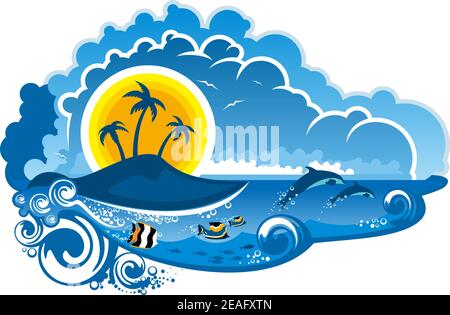 Tropical island paradise with leaping dolpins, fish swimming underwater, palm trees and sunshine for an idyllic summer vacation, cartoon illustration Stock Vector