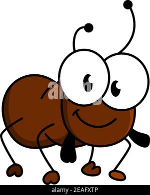 Adorable little brown cartoon ant with a happy smile and googly eyes, silhouette vector illustration on white Stock Vector