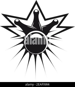 Black abstract illustration of a bowling ball knocking down three pins, symbol of fun and leisure, isolated on white background Stock Vector