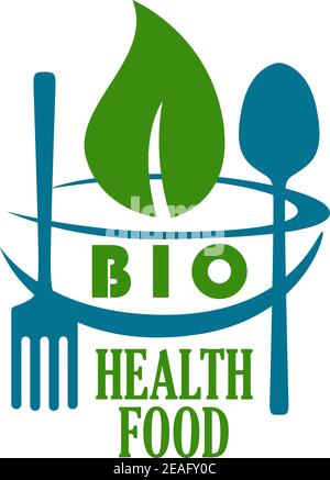 Vector illustration in blue and green of a bio health food icon with a green leaf in a bowl flanked by a spoon and fork eating utensils Stock Vector