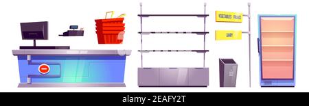 Supermarket store with checkout counter, shelves, baskets and refrigerator for food. Vector cartoon set of grocery shop with cashier desk, empty rack, signs and trash can isolated on white background Stock Vector