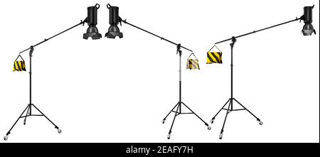 Photography high speed studio flash on boom with stand isolated on white. Stock Photo