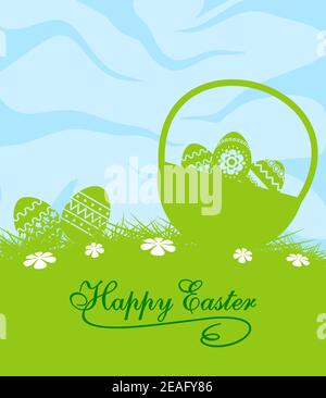 Fresh blue and green Easter greeting card design with the silhouettes of pretty patterned easter eggs in a spring meadow with white daisies under a bl Stock Vector