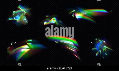 Rainbow crystal light, prism flare reflection, lens refraction, glass, jewelry or gem stone glare, optical physics effect isolated on black background, Realistic 3d vector illustration, icons set Stock Vector