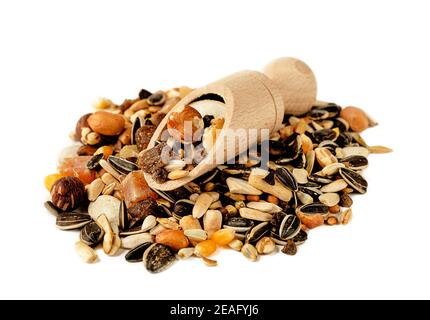 Heap of parrot fodder of dried fruits, nuts and seed mix on white background. Stock Photo