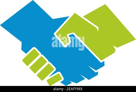 Abstract illustration of a handshake between one green hand and one blue hand, symbol of agreement or environmental protection, isolated on white back Stock Vector