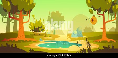 Cartoon forest background with pond or swamp and trail, nature landscape with trees, green grass and bushes. Beautiful scenery view, summer or spring wood or park area with plants, vector illustration Stock Vector