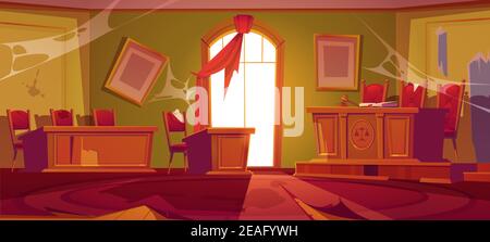 Old courtroom interior with broken judge table with hammer and mess. Vector cartoon illustration of abandoned room in courthouse with garbage, spiderweb, dirty and torn furniture Stock Vector
