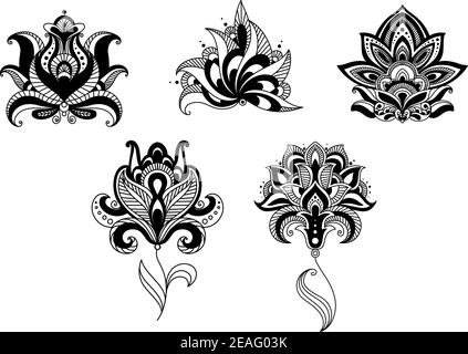 Ornate indian and persian floral design set with five different motifs in black and white, vector illustration Stock Vector