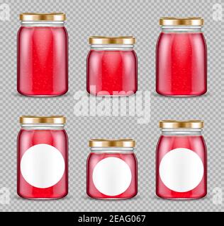 Jam jars, glass containers with pink fruit jelly, gelatin marmalade packs with cap mock up design. Blank preserve tubes of different sizes isolated on transparent background, Realistic 3d vector set Stock Vector