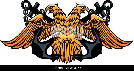 Maritime or nautical emblem with a double headed eagle with outspread wings over a crossed pair of anchors, cartoon vector illustration on white Stock Vector