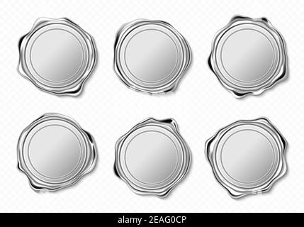 Silver wax seals for letter, guarantee or certificate. Vector realistic set of blank round wax stamps, metal circle label for lock envelope with confidential mail or press quality sign Stock Vector