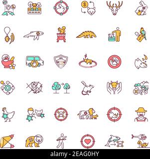 Animal abuse and wildlife conservation RGB color icons set Stock Vector