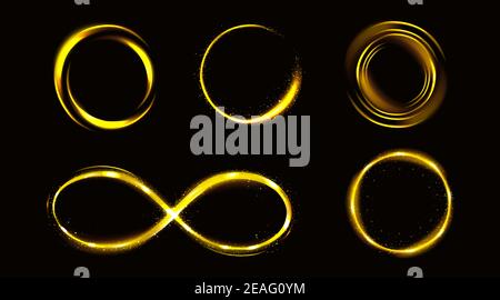 Glow gold infinity symbol and circles with sparkles, golden frames, shiny borders with glitter or fairy dust, glowing rings, isolated fantasy design elements, Realistic 3d vector illustration, set Stock Vector