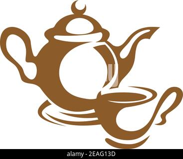Simple monotone icon of a teapot and cup and saucer in brown, over white background Stock Vector