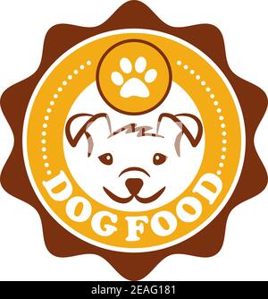 Circular design of a Dog Food Icon with a cute smiling puppy and a paw print in a winners rosette with the text. Vector illustration Stock Vector