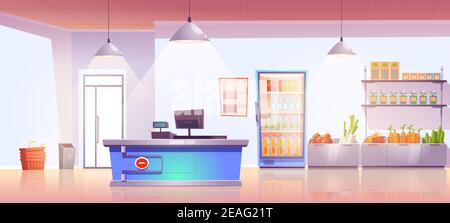 Grocery store with cashier desk empty shop interior with production on shelves and cold drinks in refrigerator, fresh vegetables. Product market, local food retail place, Cartoon vector illustration Stock Vector