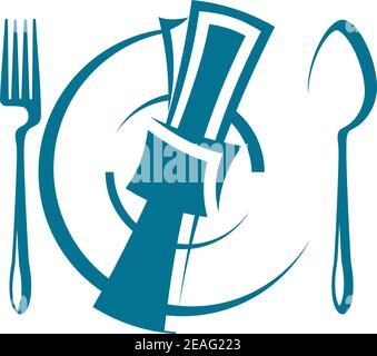 Cartoon sketch of a stylized dinnertime table setting with a fork and spoon on either side of a napkin lying on top of a plate, overhead perspective Stock Vector