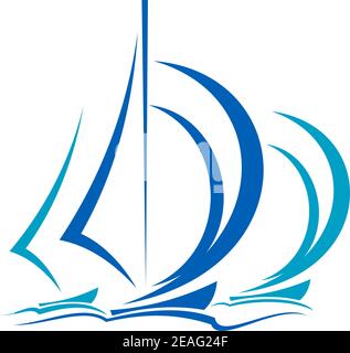 Dynamic sailboats racing before the wind across the ocean in shades of blue over white Stock Vector