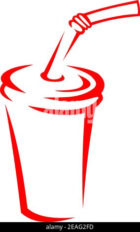 Vector cartoon illustration of a fastfood or takeaway soda drink in a polystyrene cup with a straw, outline doodle sketch Stock Vector