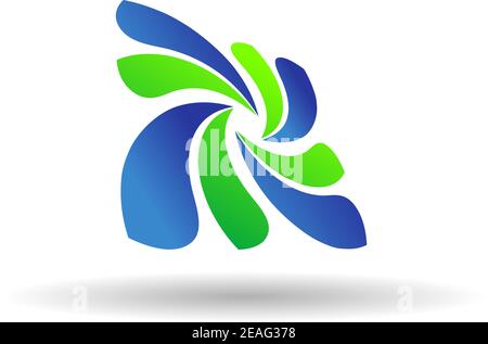 Dynamic fresh green and blue Eco or Bio icon with swirling rays with an oblique curved perspective over a white background, vector illustration Stock Vector
