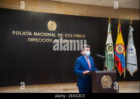 Colombia's new minister of Defense, Diego Molano holds a holds a press conference along Major of Police, General Jorge Luis Vargas announcing the rein Stock Photo