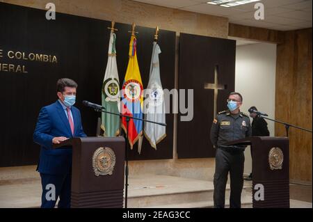 Colombia's new minister of Defense, Diego Molano holds a holds a press conference along Major of Police, General Jorge Luis Vargas announcing the rein Stock Photo