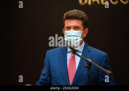 Colombia's new minister of Defense, Diego Molano holds a holds a press conference along Major of Police, General Jorge Luis Vargas announcing the rein Stock Photo