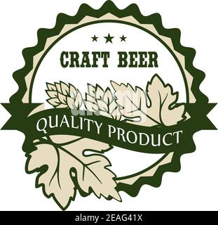 Circular Craft Beer design label with hops and leaves over a banner reading - Premium Product - enclosed within a circular border with the text and st Stock Vector