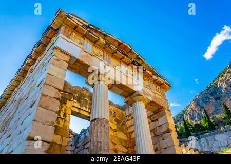 Athenian treasury at the ancient delphi site in Greece Stock Photo