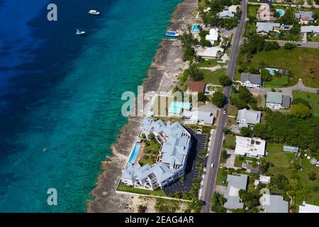Stunning Aerial view of coastline of Seven Mile Beach Grand Cayman, Cayman Islands, Caribbean Stock Photo
