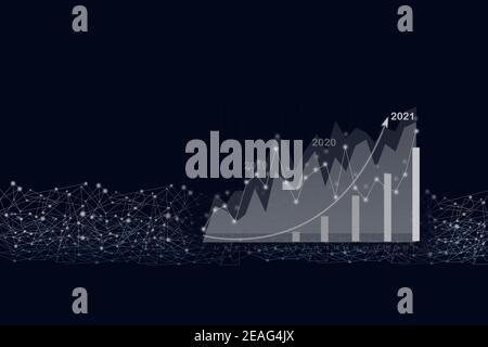 Virtual hologram of statistics, graph and chart with arrow up on dark background. Business development to success and growing growth concept in 2021 Stock Photo