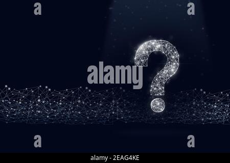 Virtual low poly hologram question mark with shine on digital dark blue background, future technology concept Stock Photo